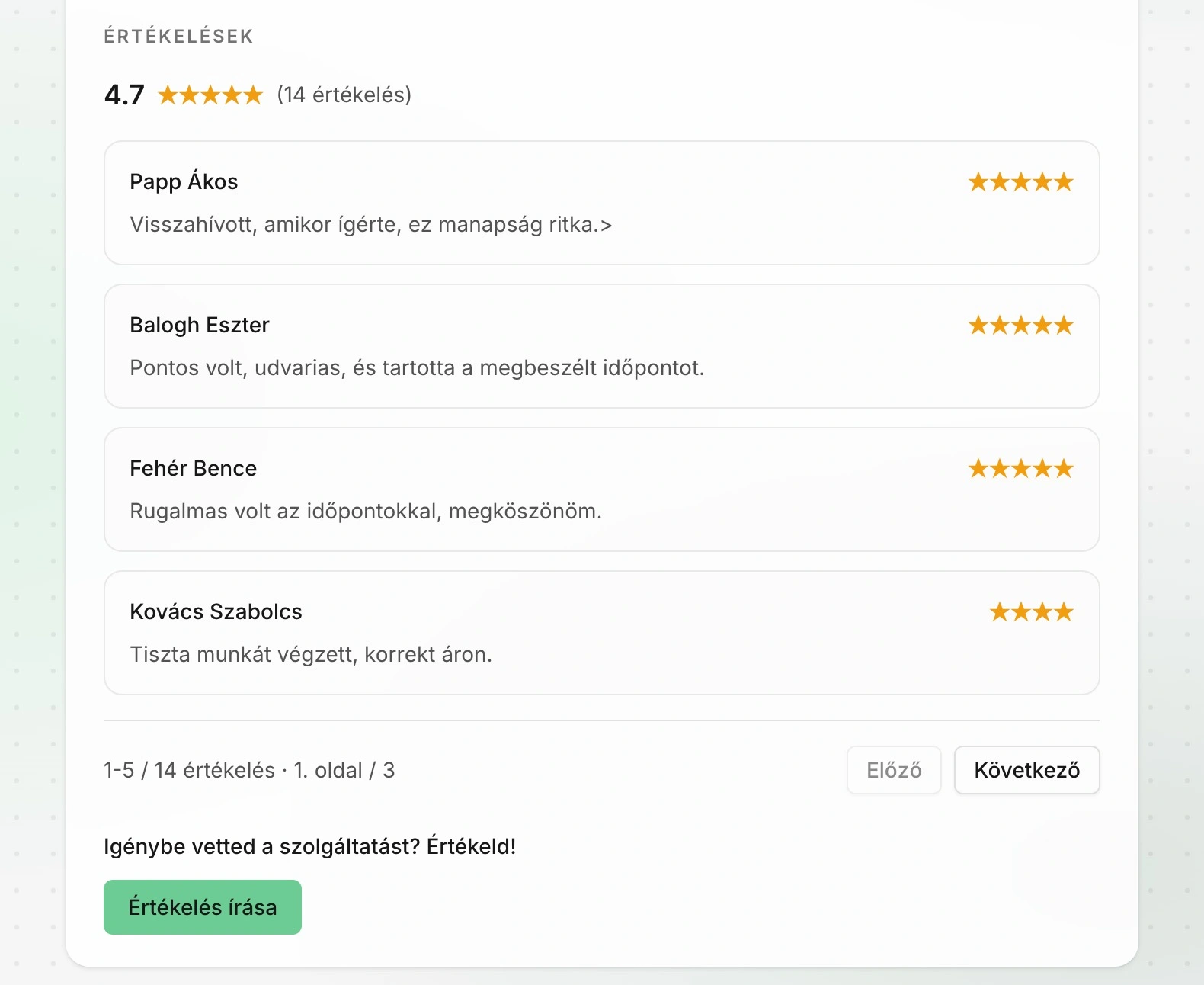 Nyilvános profil értékelés blokkja