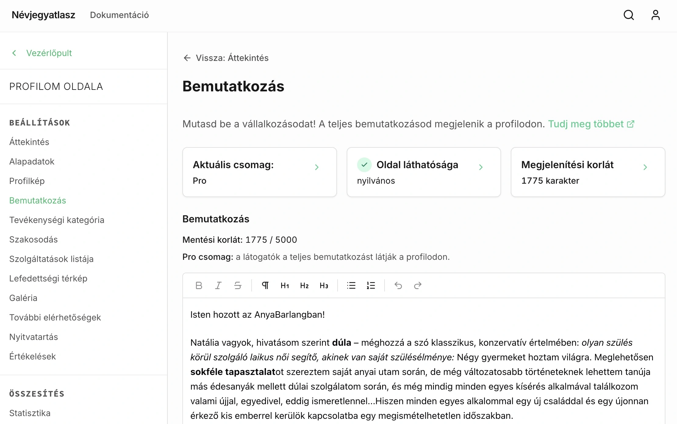 Bemutatkozás szerkesztő oldal