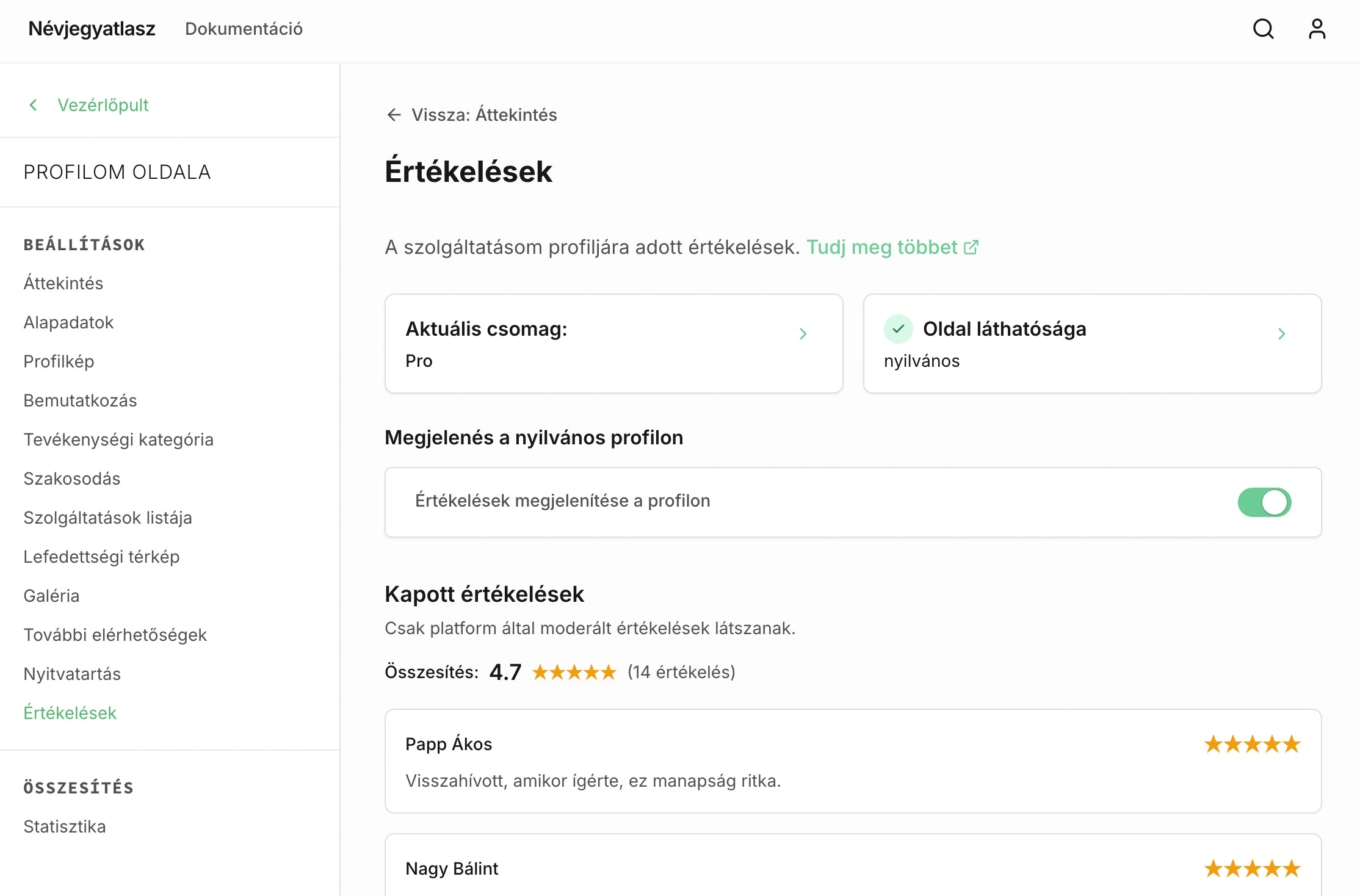 Kapott értékelések listája