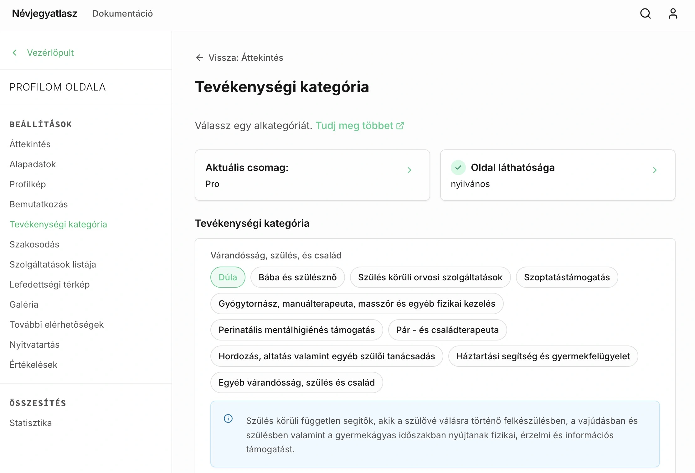 Tevékenységi kategória oldal