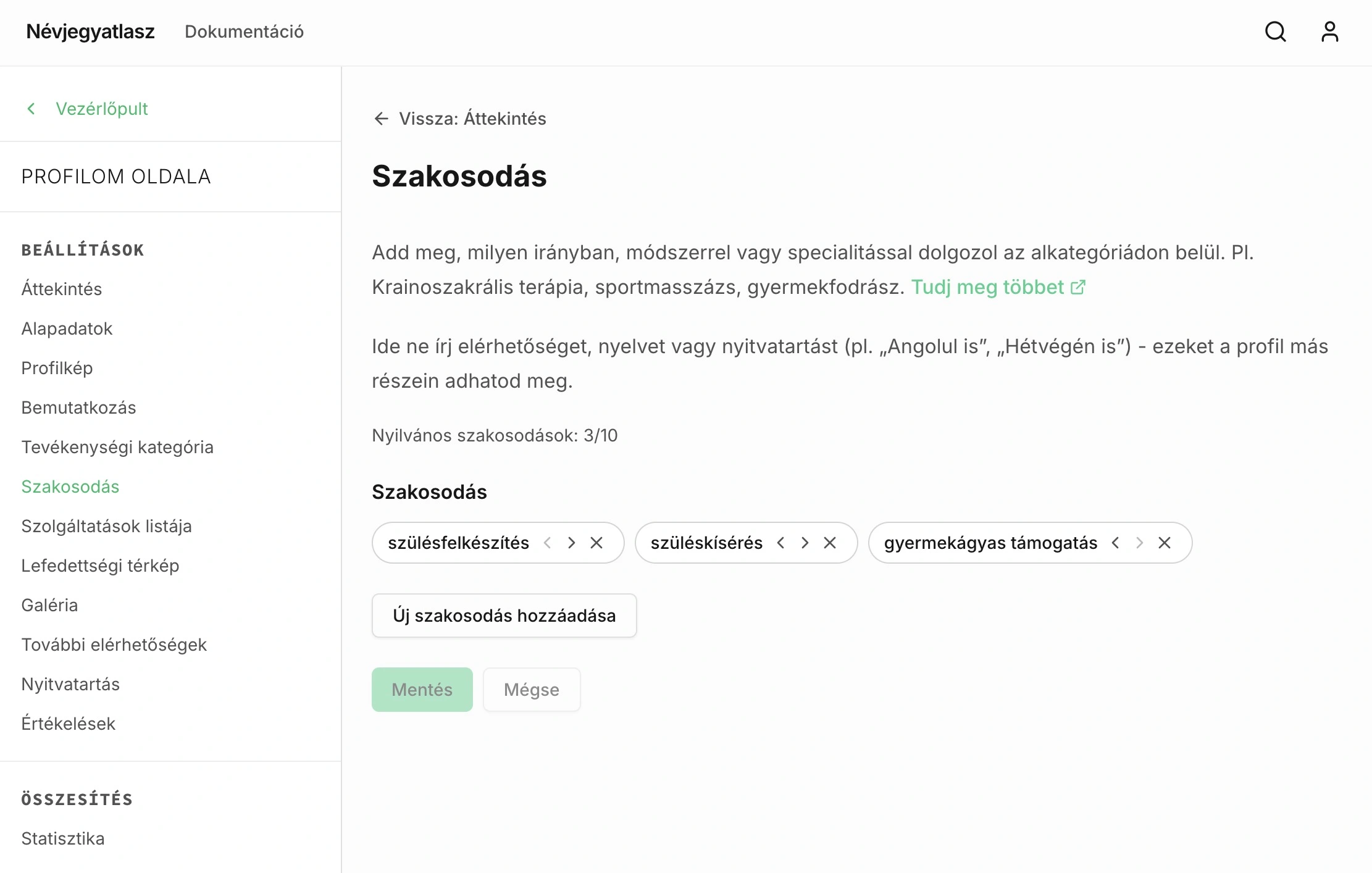 Szakosodás szerkesztő oldal