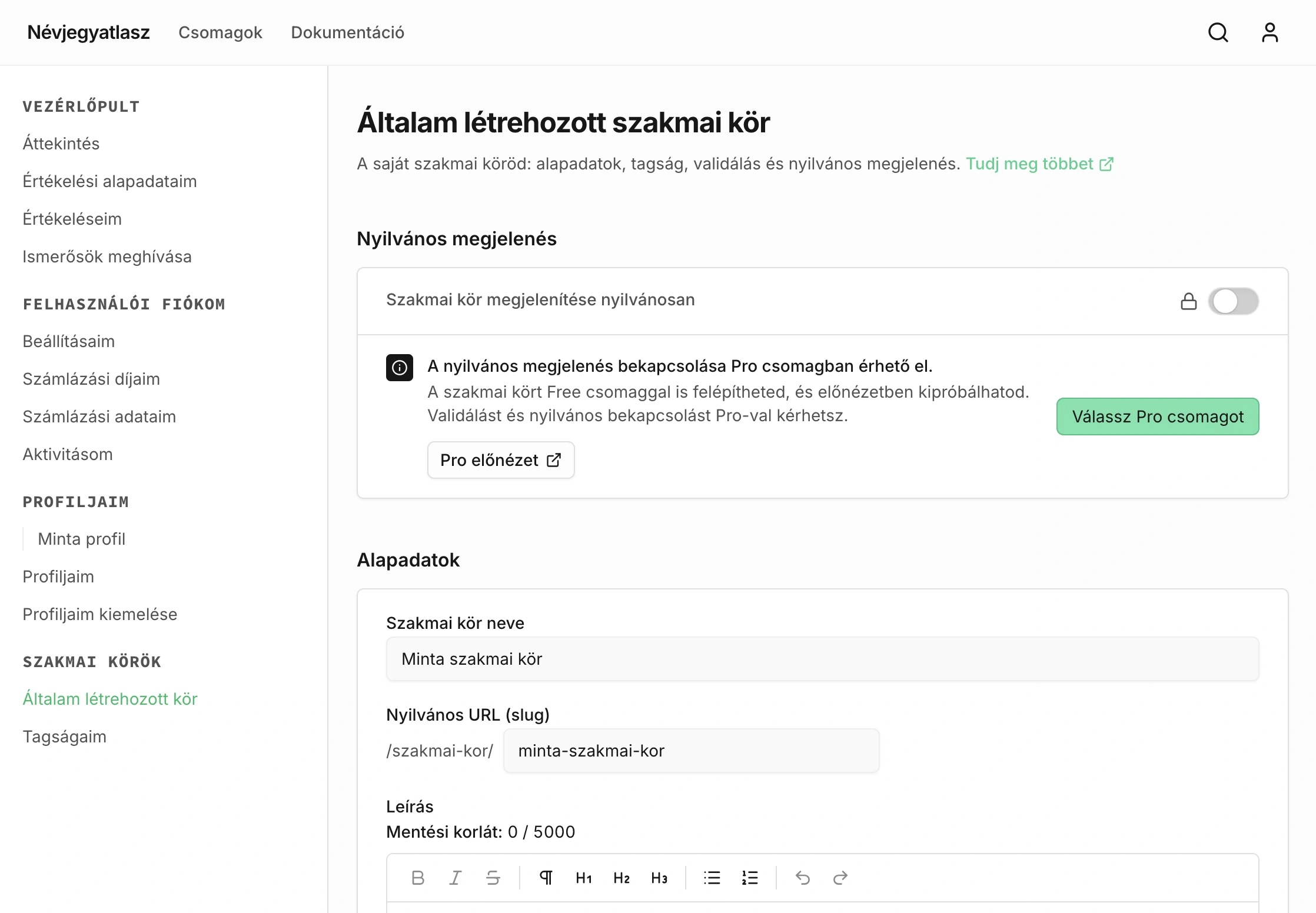 Szakmai kör beállításai ingyenes profillal